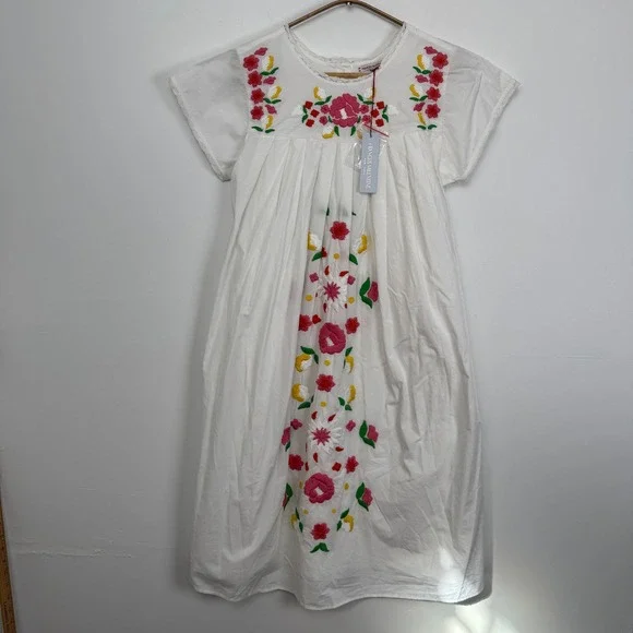NEW - FRANCES VALENTINE Floral Garland Embroidery Midi Dress Oyster Multi Size S
